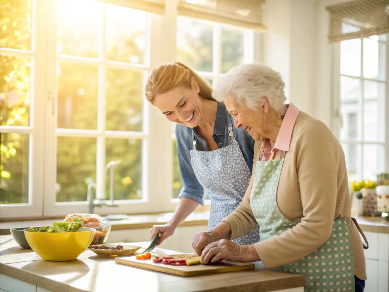 An image showing a caregiver assisting a person with a disability in a daily living activity, such as cooking or gardening.