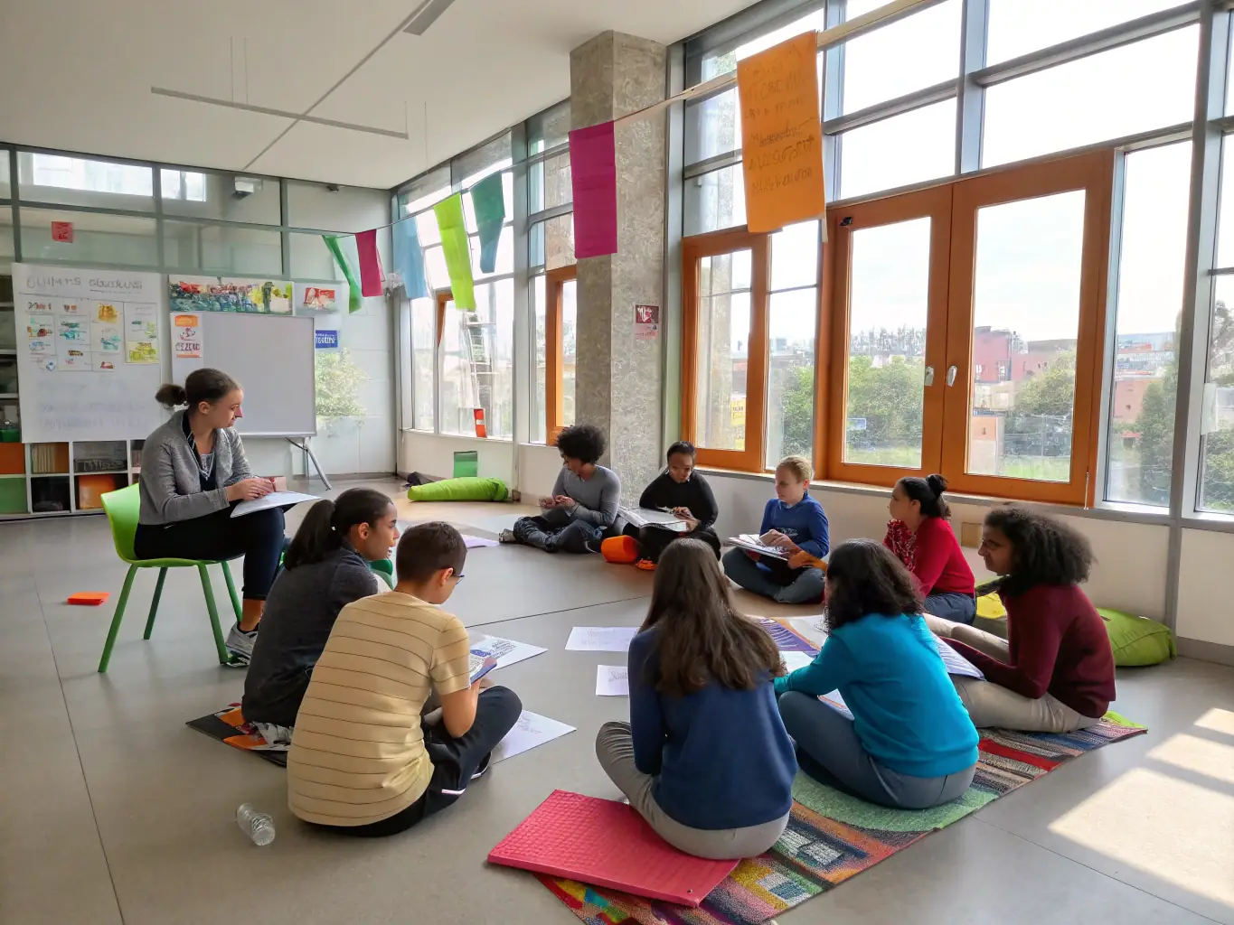 A photograph depicting a group of young adults with disabilities participating in a vocational training workshop, focusing on developing practical skills for employment. The setting is a bright, well-equipped training center, emphasizing hands-on learning and collaboration.