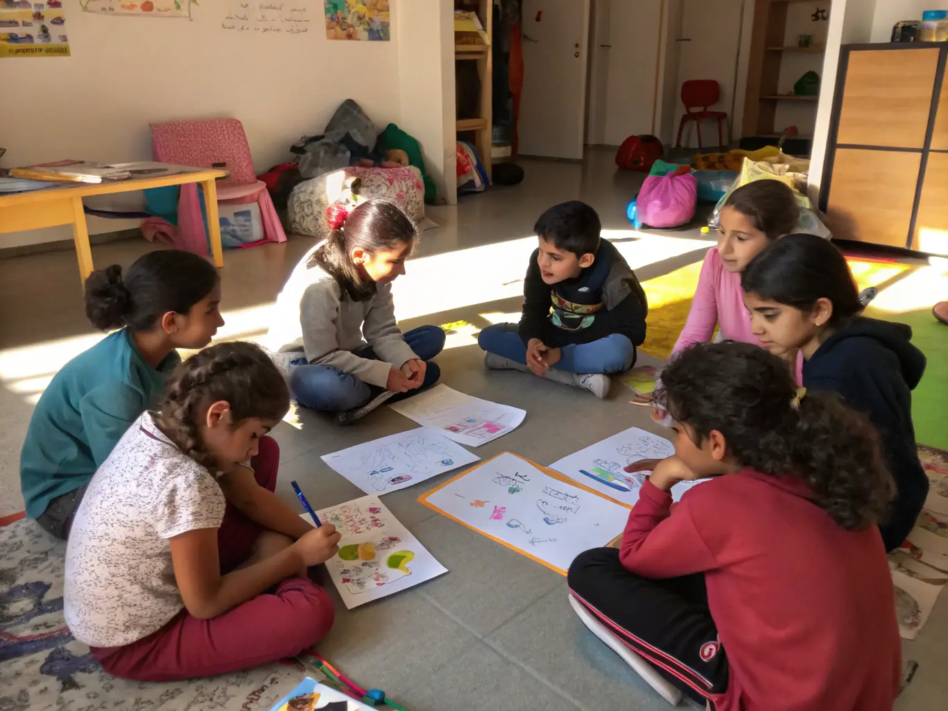 A photograph showing children with disabilities engaged in a creative arts and crafts session at an APAJH care center. The atmosphere is cheerful and supportive, with children smiling and interacting positively with instructors and peers.