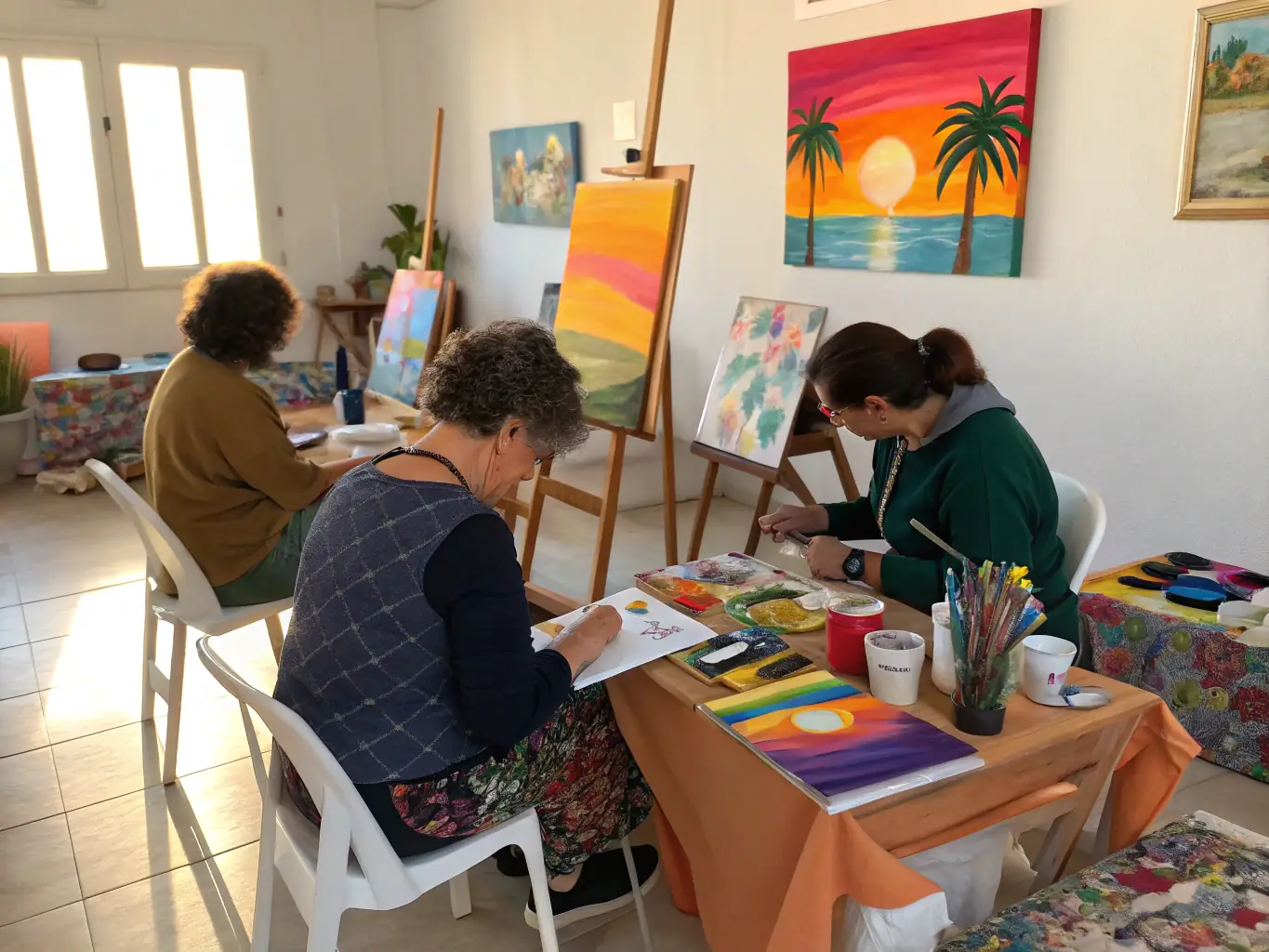 A photograph capturing a group of participants with disabilities engaged in a collaborative art project, showcasing creativity and teamwork.